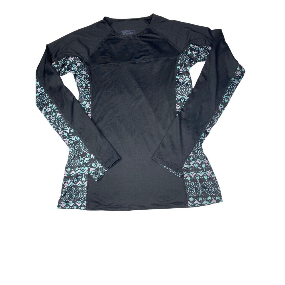 Patagonia Rashguard Top Women Size Medium Black/Green Pink Long Sleeve Nylon